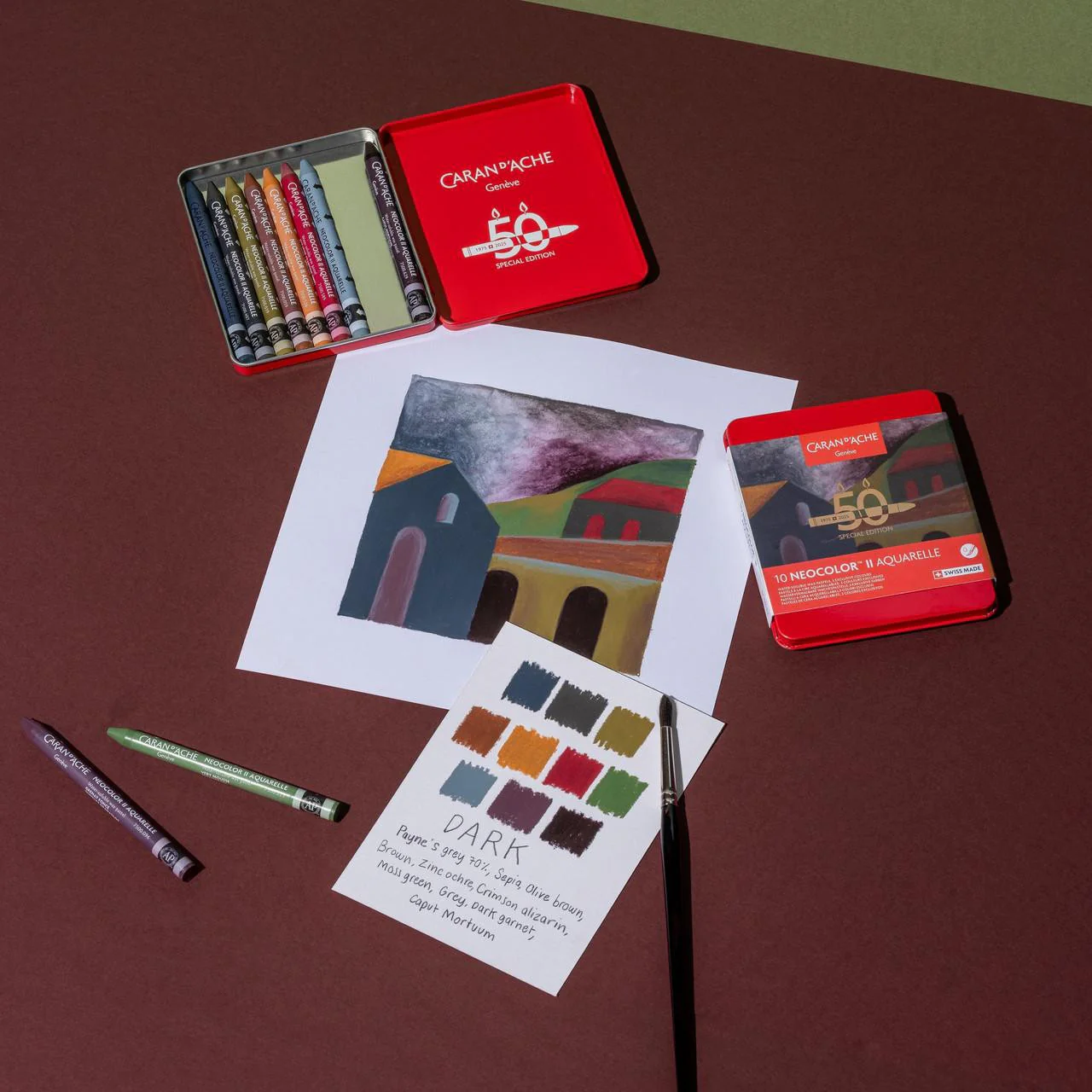 Caran d'Ache Neocolor II Aquarelle Wax Pastels Tin Set of 10 - 50 Years Special Edition - Dark Set - Image 3