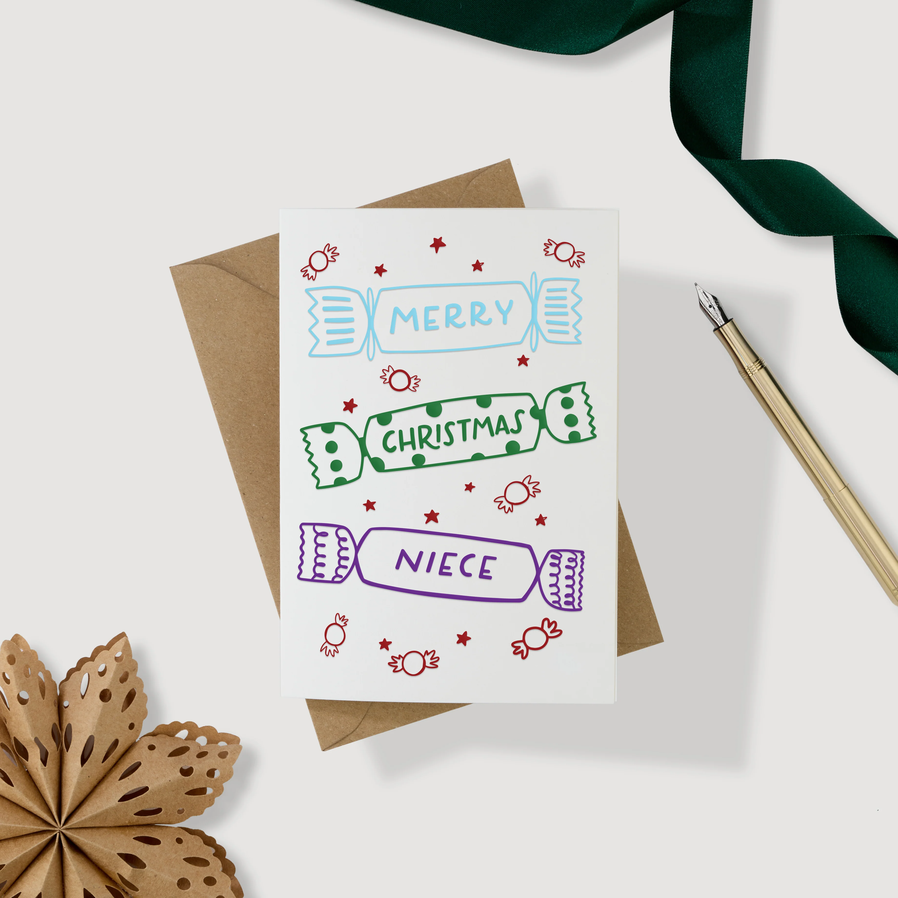 Merry Christmas Niece Crackers Letterpress Card