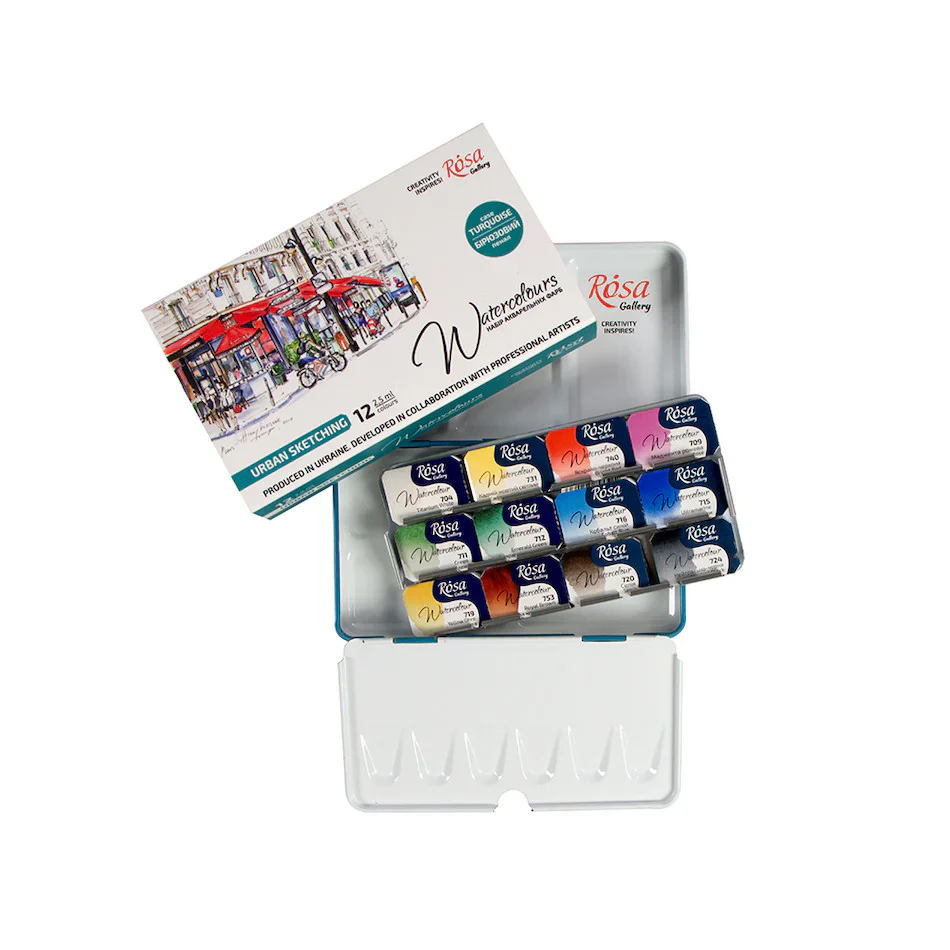 ROSA Watercolours - Urban Sketching - Tin of 12 Assorted Whole Pans