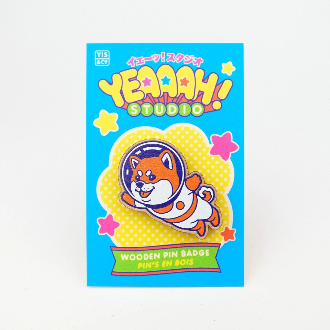 Space Shiba Wooden Pin Badge - Image 2